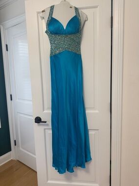 Jovani Turquoise Beaded Empire Waist Evening Gown